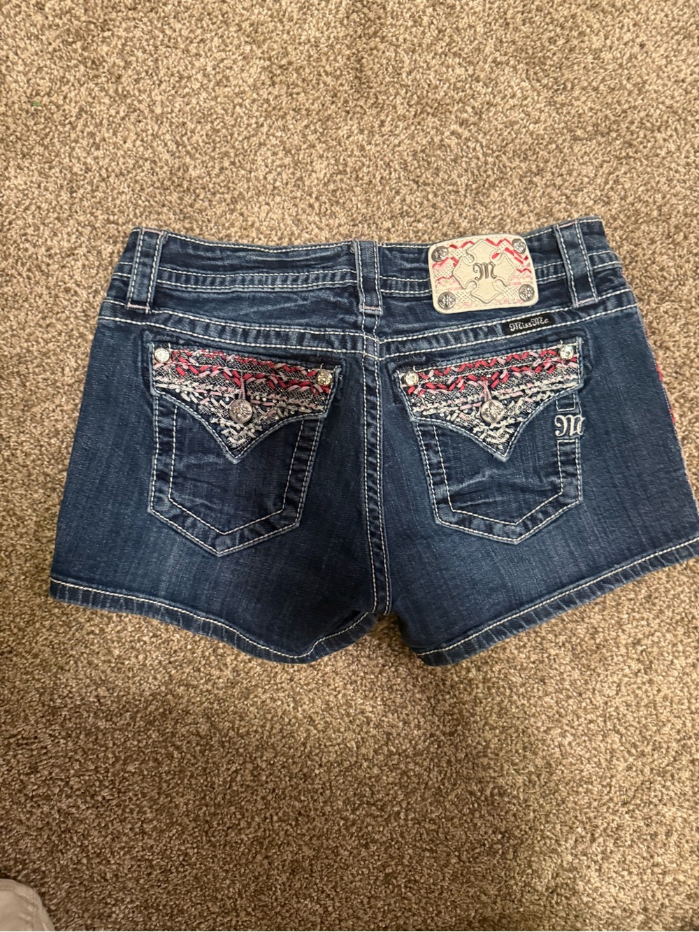 Miss Me Dark Blue Denim Shorts with Red & Cream Side Embroidery - Picture 3 of 3